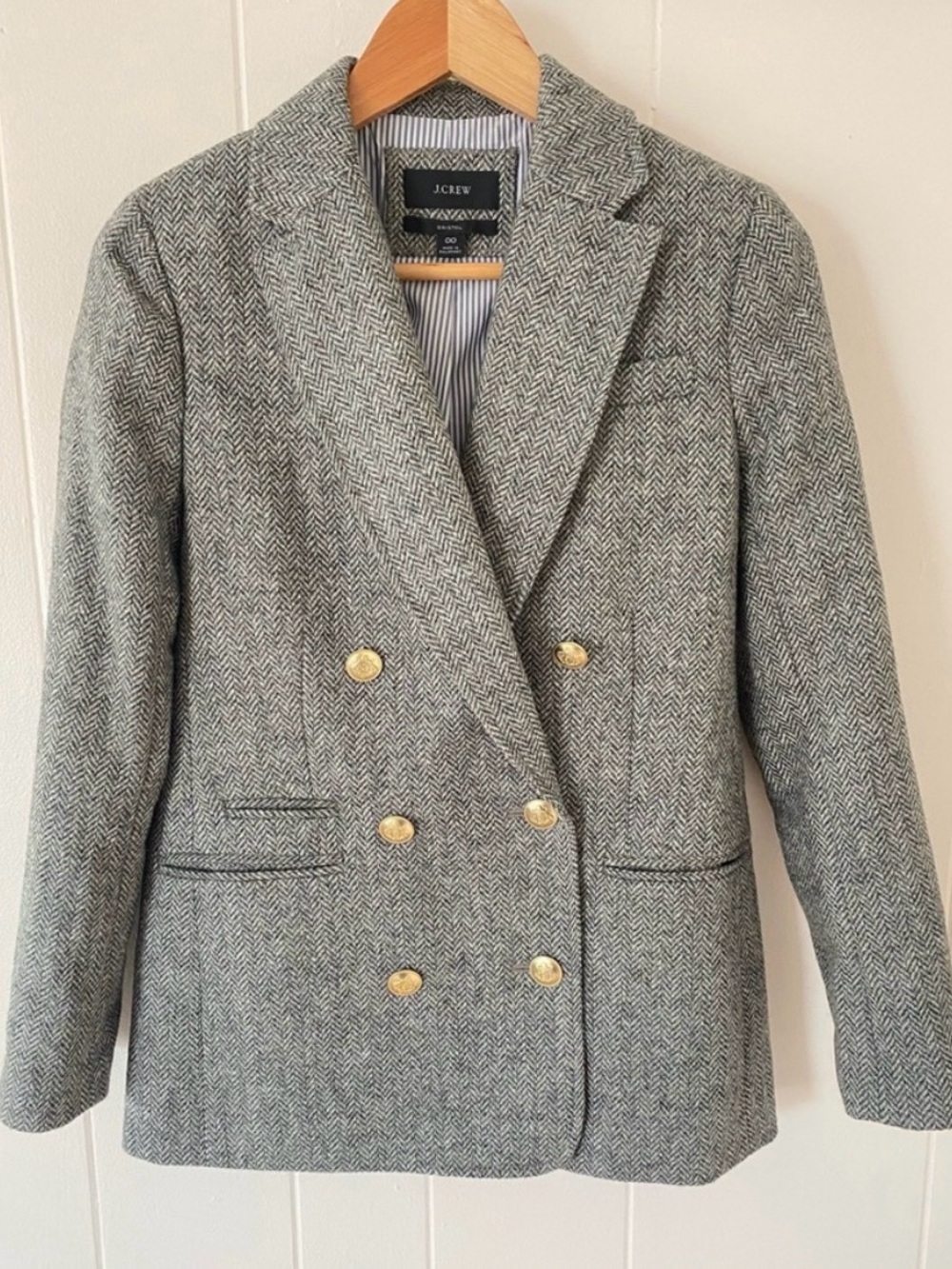 J. Crew Bristol Gray Wool Herringbone Double-Breasted Blazer with Gold Buttons - Picture 3 of 5